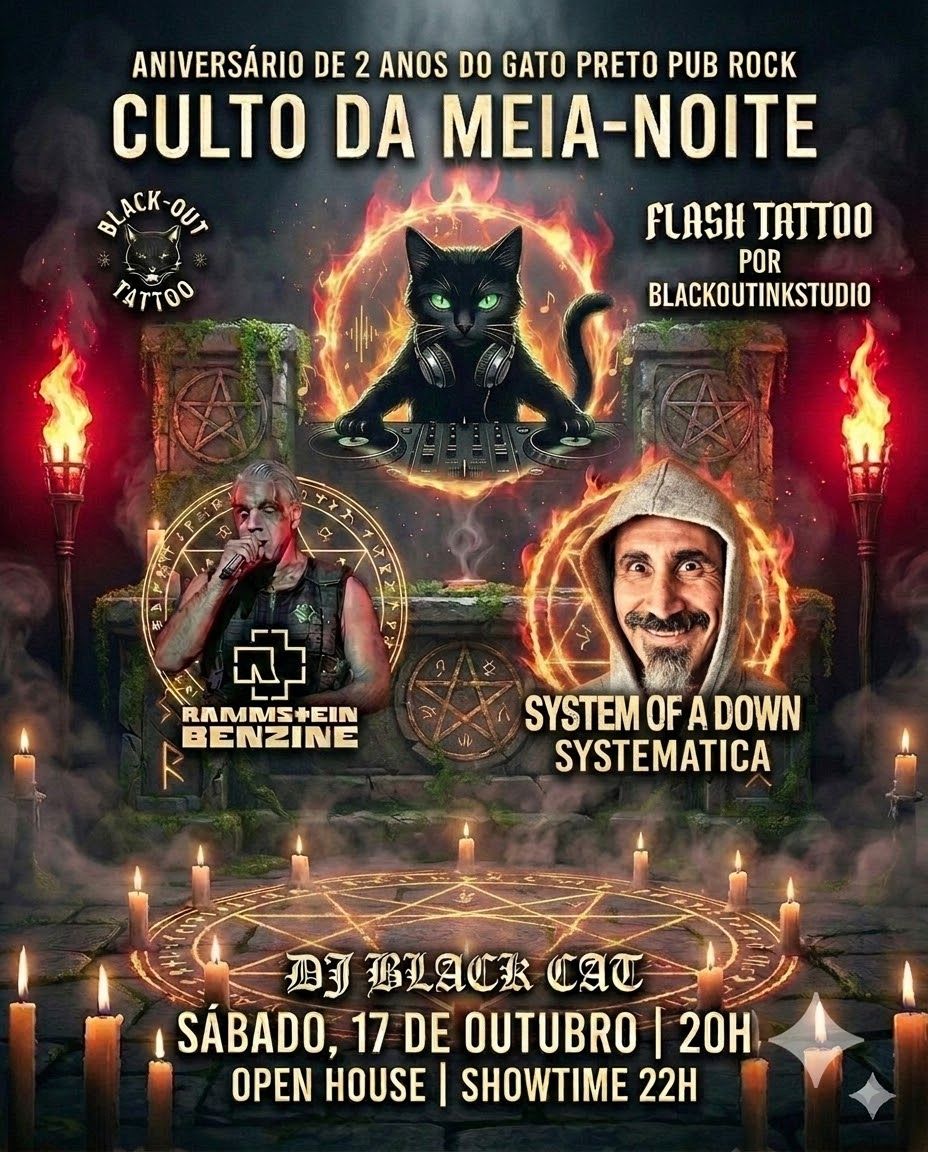 Culto da meia noite aniversário 2 anos gato preto Pub Rock
